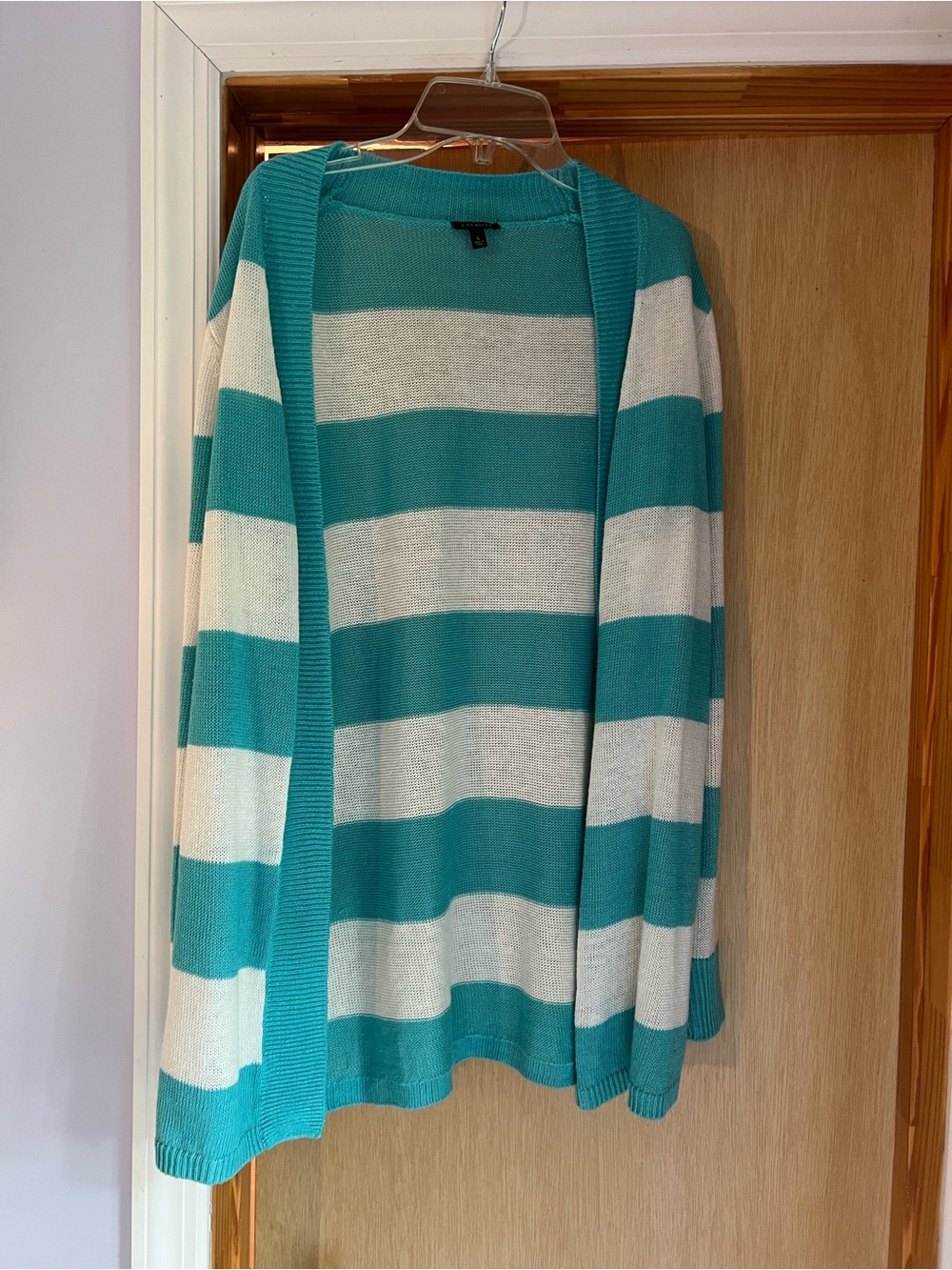 Talbots Teal and White Striped Open-Front Cardigan